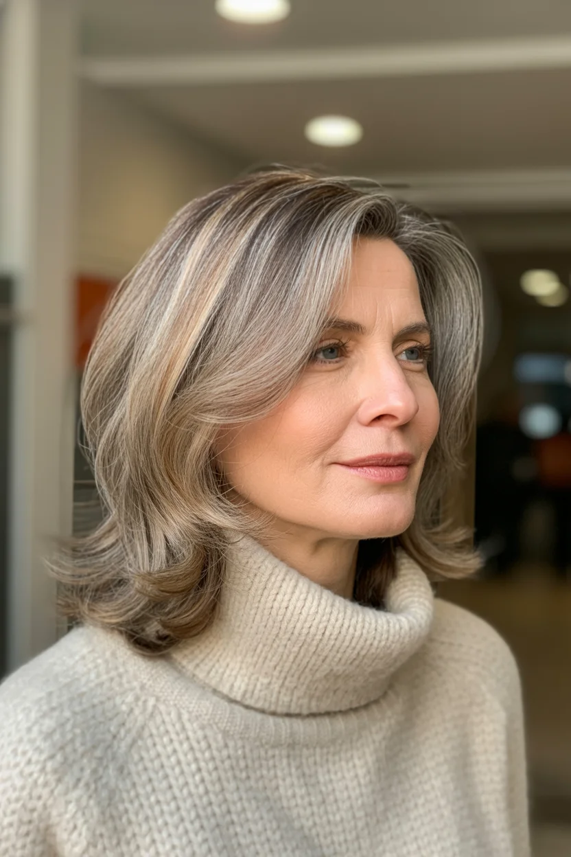 flattering summer haircuts for women over 50 2026 Soft Silver Layers With Face Framing Flow