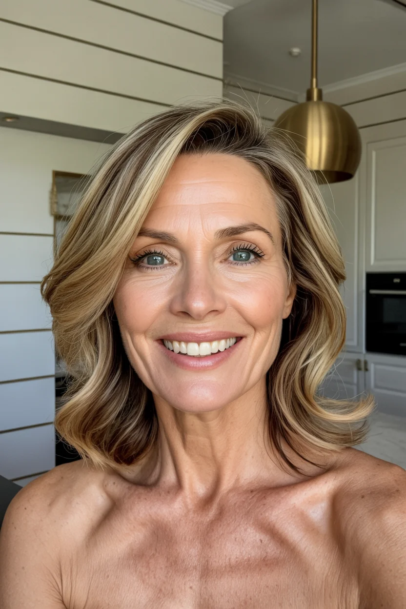 flattering summer haircuts for women over 50 2026 Dimensional Lob With Soft Highlights