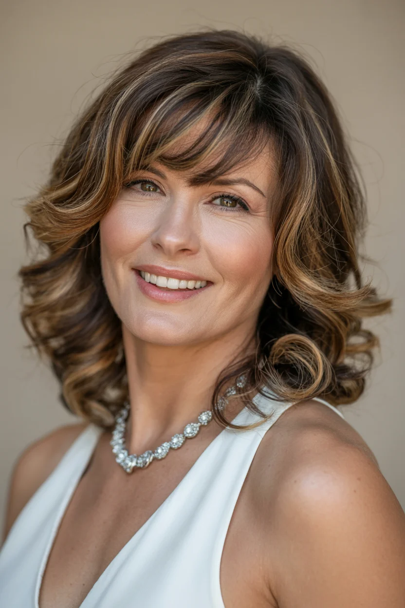 flattering summer haircuts for women over 50 2026 Soft Curled Layers With Warm Brunette Glow