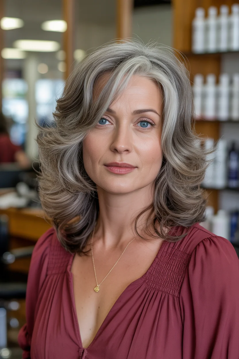 flattering summer haircuts for women over 50 2026 Silver Layered Blowout With Polished Movement