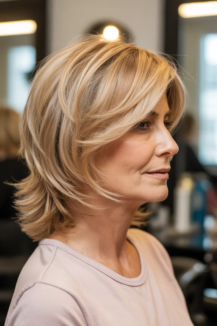 flattering summer haircuts for women over 50 2026 Layered Blonde With Sunlit Dimension