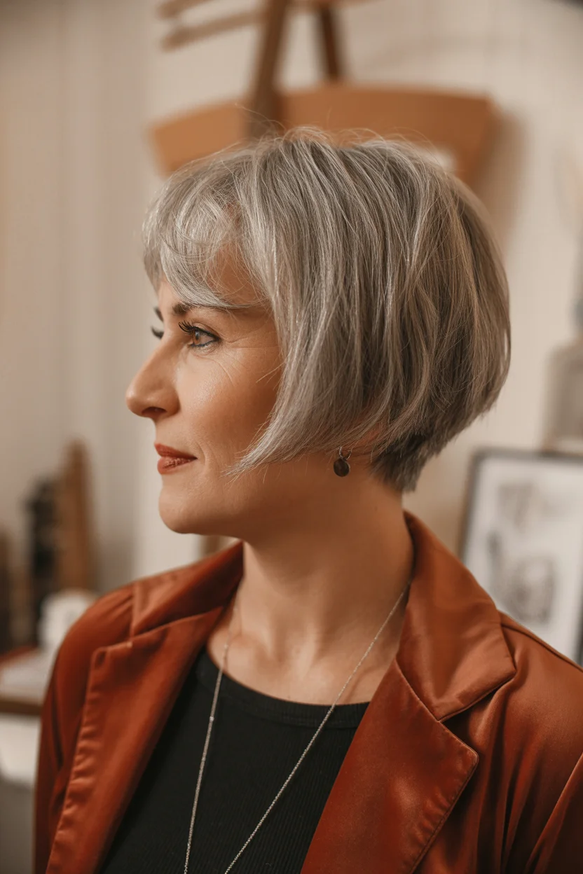 flattering summer haircuts for women over 50 2026 Chic Short Bob With Silver Confidence