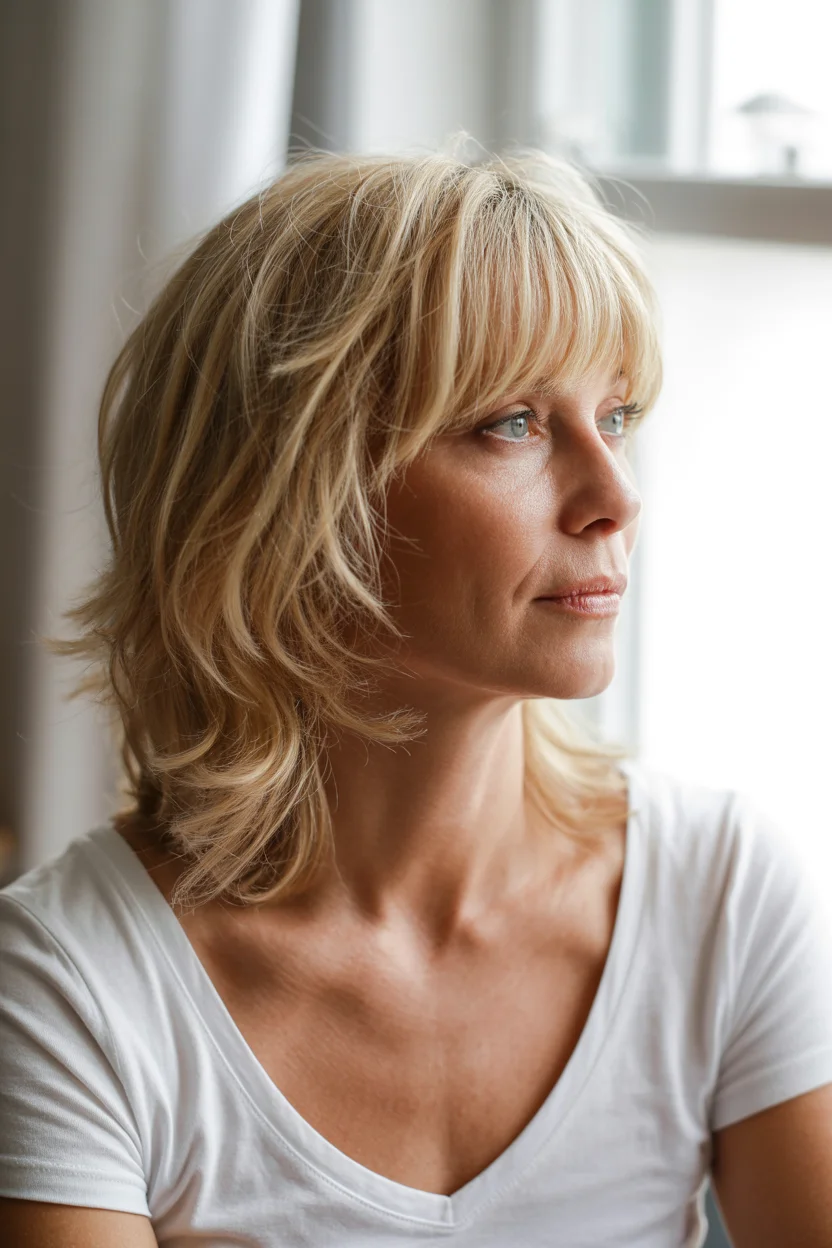flattering summer haircuts for women over 50 2026 Light Layered Shag With Airy Bangs