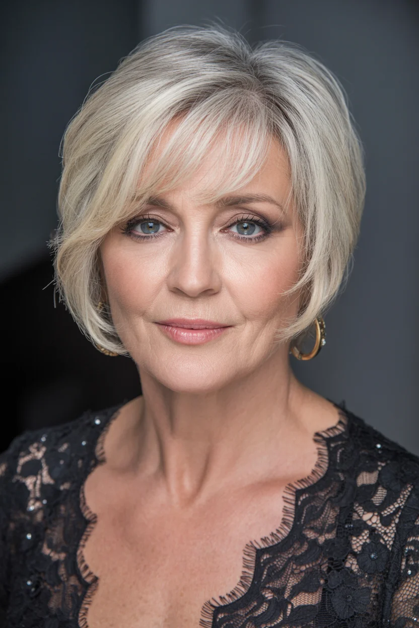 flattering summer haircuts for women over 60 2026 Classic Volumized Bob With Side-Swept Elegance