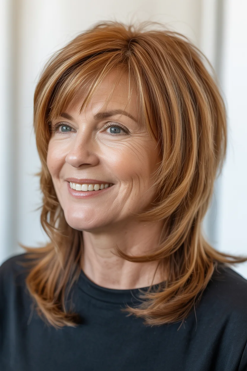 flattering summer haircuts for women over 60 2026 Feathered Mid-Length Layers With Soft Auburn Glow