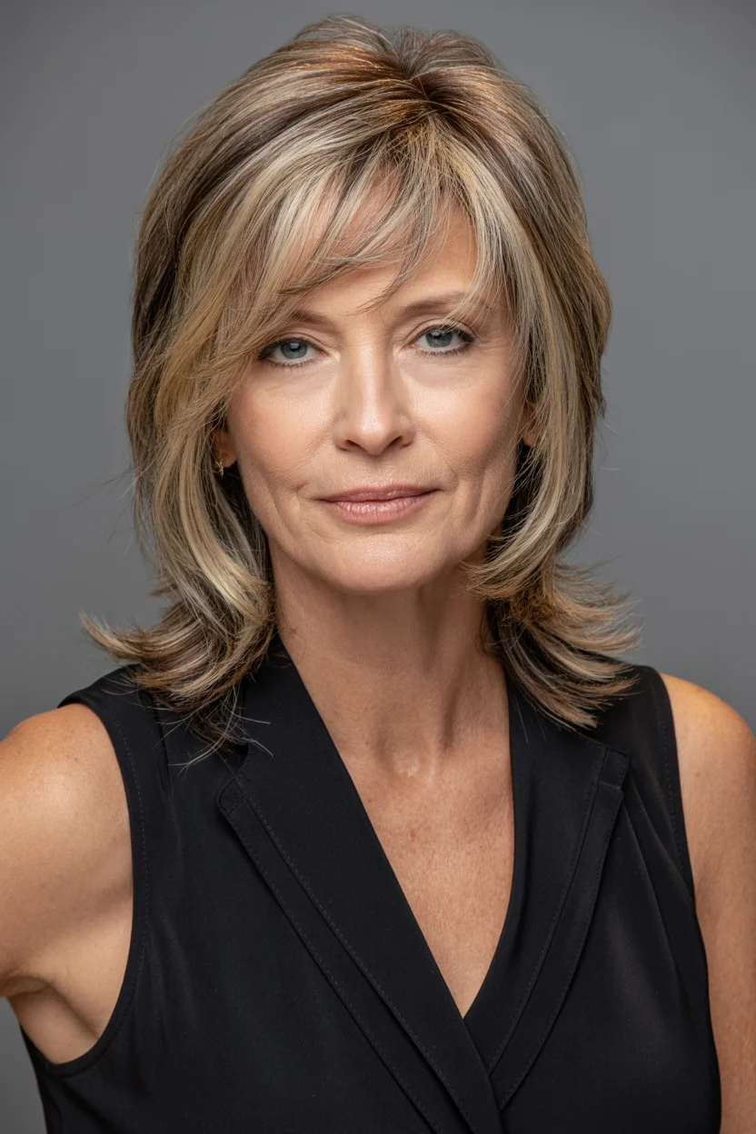 flattering summer haircuts for women over 60 2026 Modern Layered Cut With Face-Framing Volume