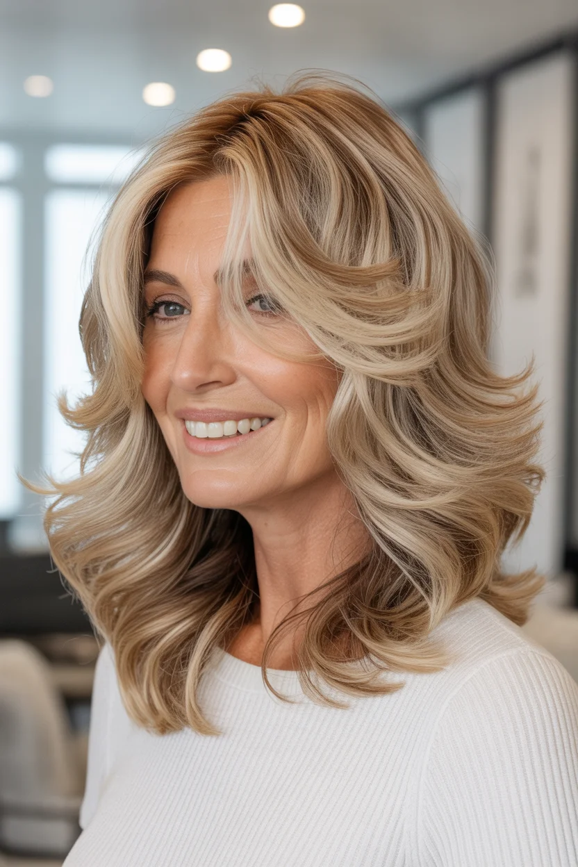 flattering summer haircuts for women over 60 2026 Long Feathered Blonde Layers With Volume and Flow