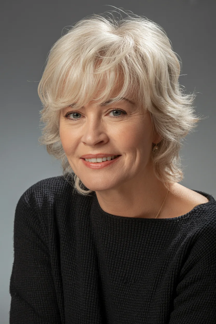 flattering summer haircuts for women over 60 2026 Soft Platinum Shag With Light Fringe Movement