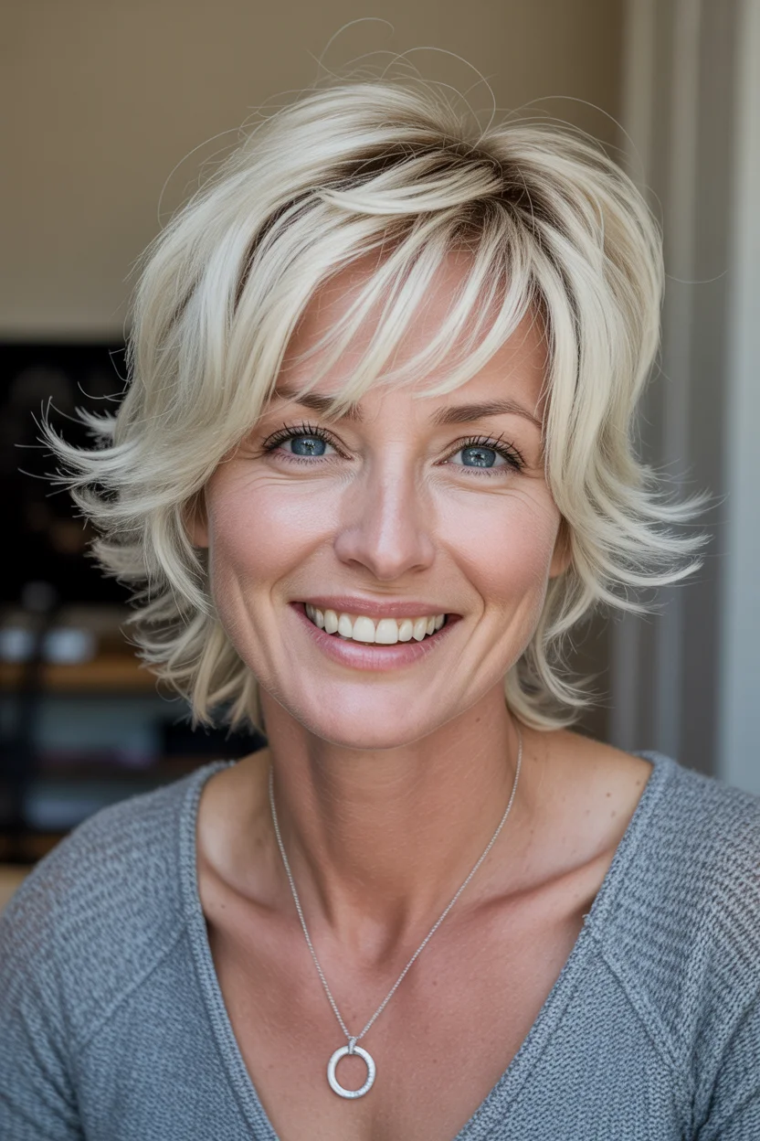 flattering summer haircuts for women over 60 2026 Choppy Platinum Pixie With Playful Texture