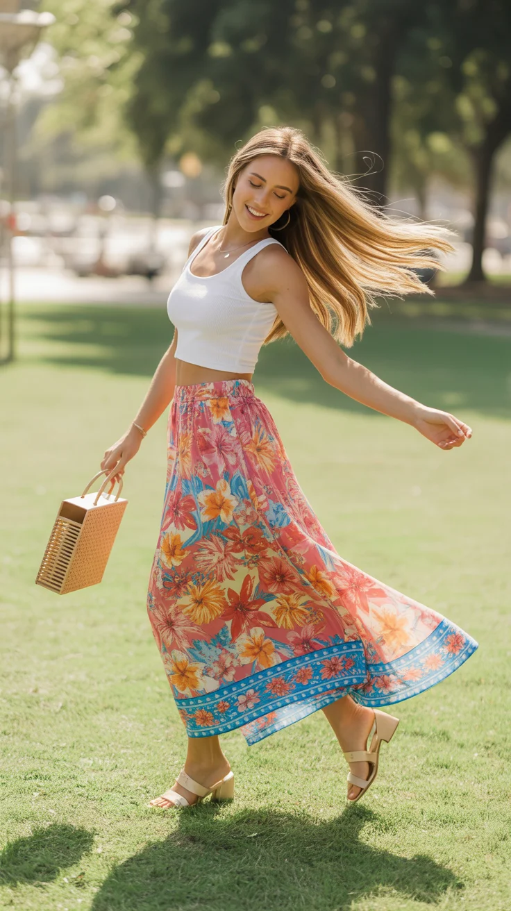 floral summer skirt outfits 2026 airy florals and movement-first styling