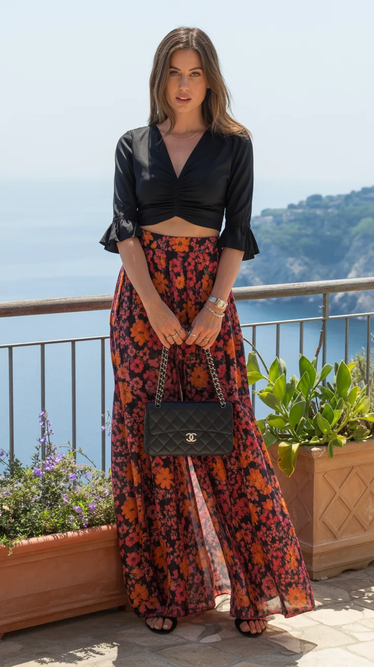 floral summer skirt outfits 2026 dark florals for golden hour drama
