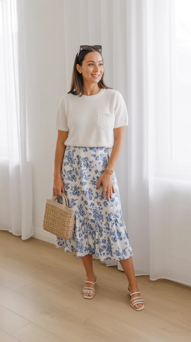 floral summer skirt outfits 2026 soft blue florals and everyday polish