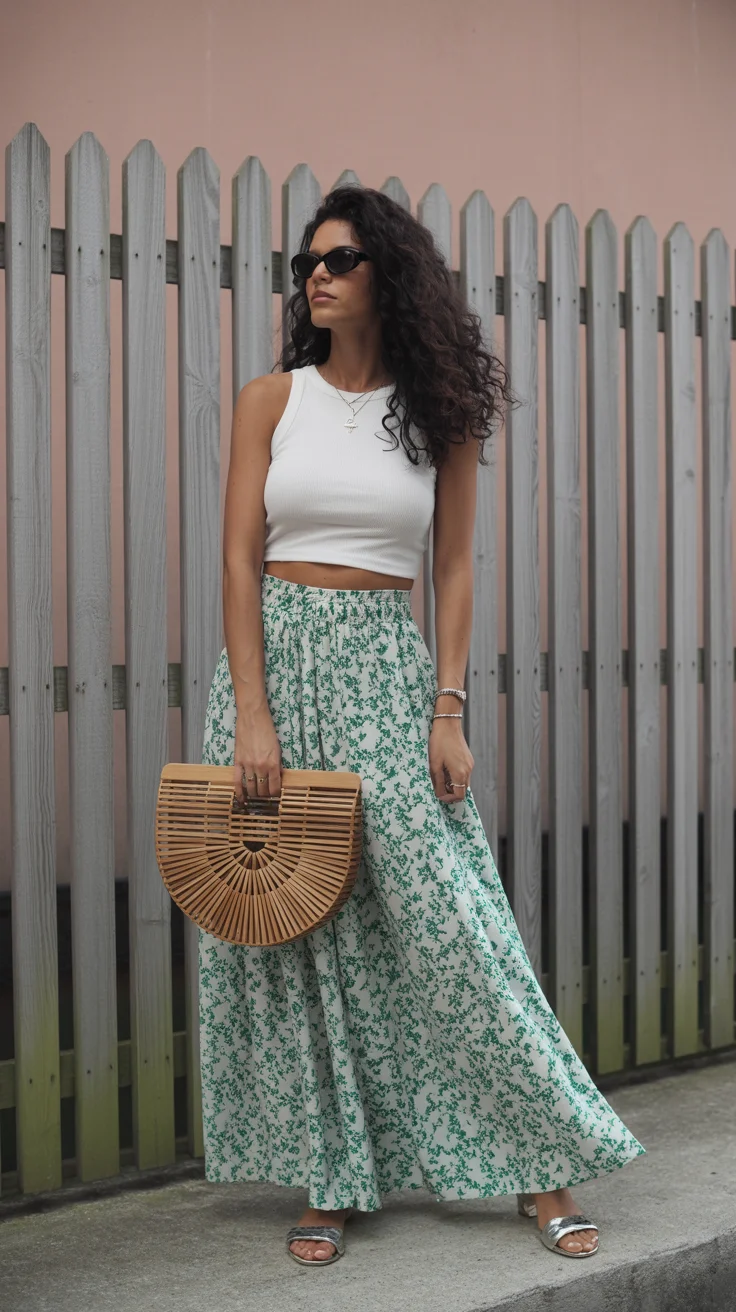 floral summer skirt outfits 2026 green florals and relaxed modern lines