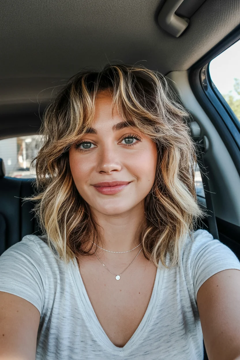 layered summer haircuts for fuller faces 2026 Layered Shaggy Bob with Soft Curtain Texture