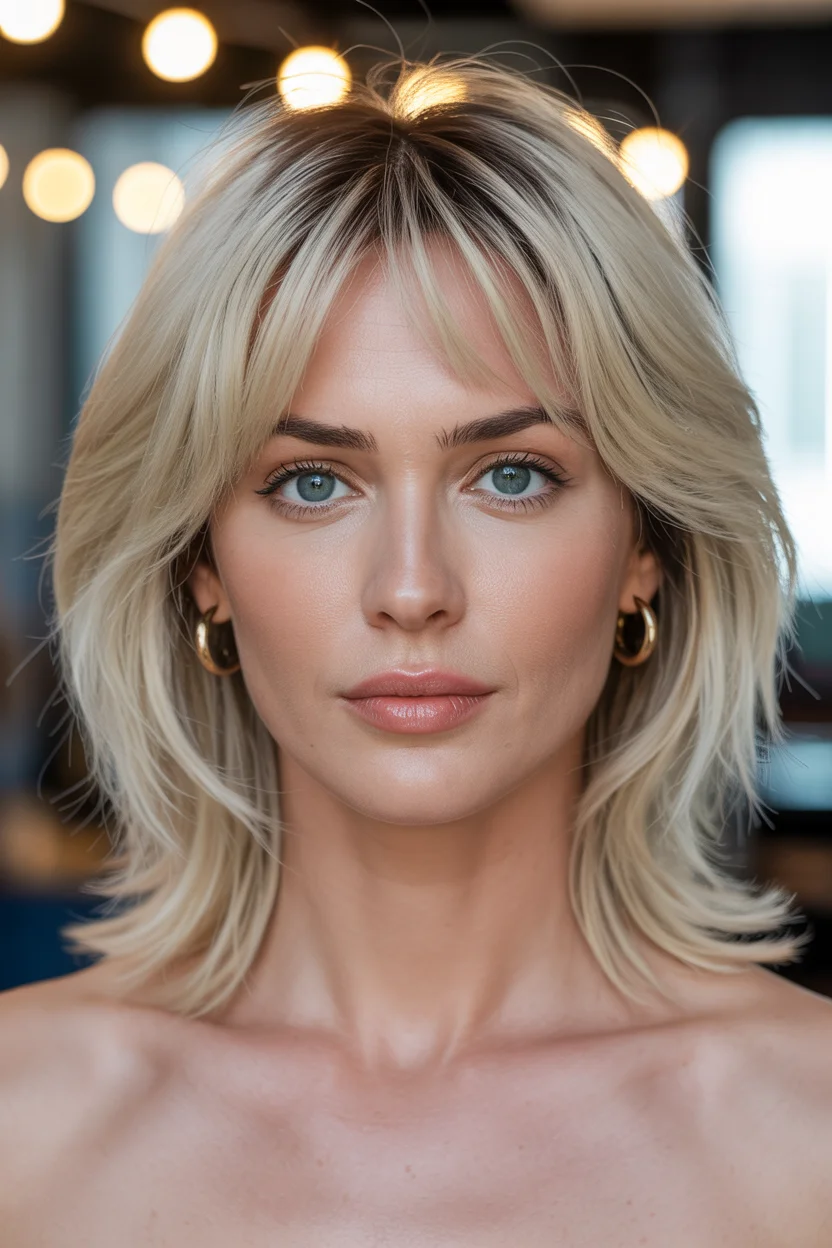 layered summer haircuts for fuller faces 2026 Feathered Blonde Mid-Length with Light Fringe