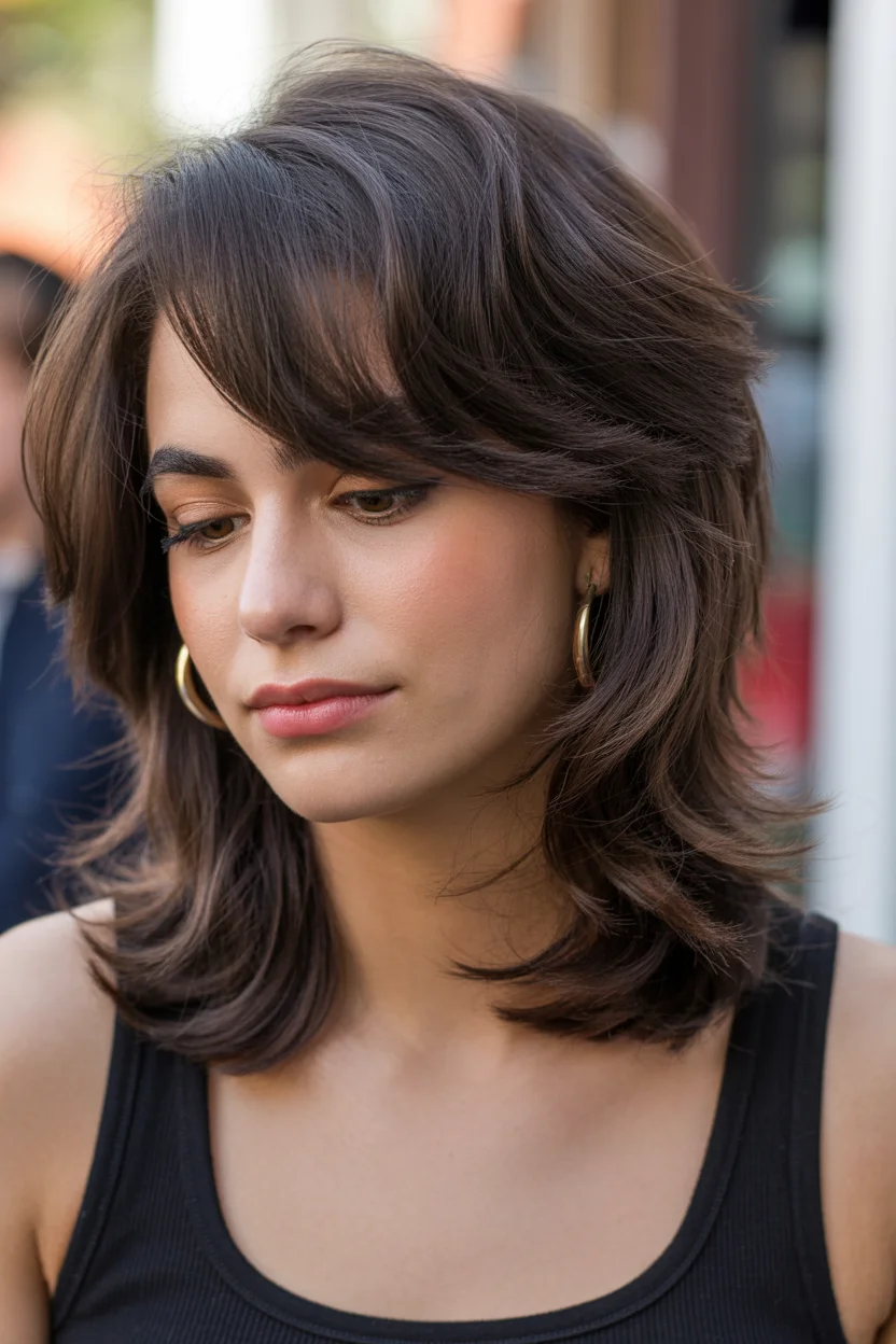 layered summer haircuts for fuller faces 2026 Layered Brunette Midi Cut with Sculpted Ends