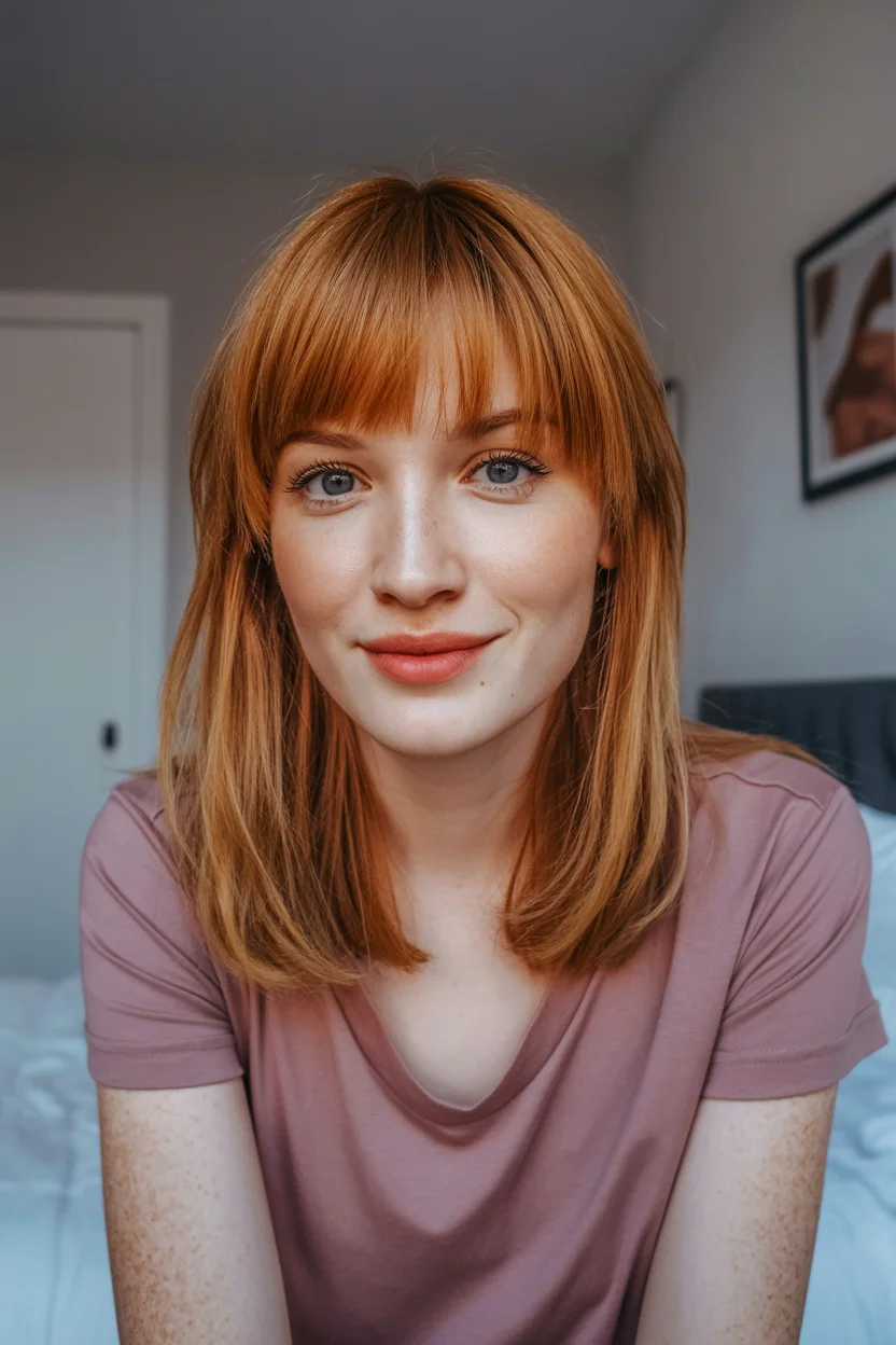 layered summer haircuts for fuller faces 2026 Mid-Length Copper Layers with Soft Full Fringe