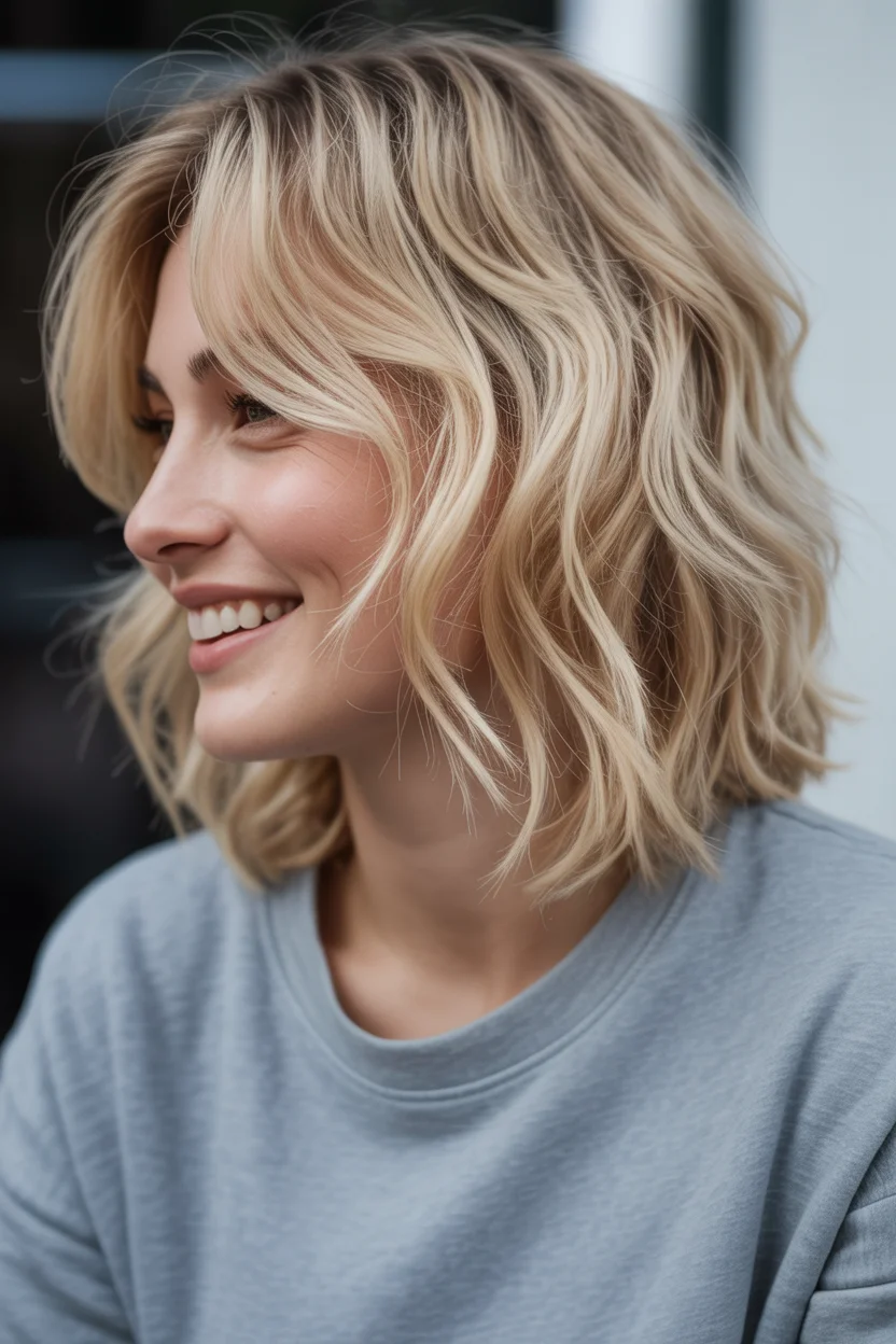 layered summer haircuts for fuller faces 2026 Beachy Blonde Layered Lob with Natural Waves