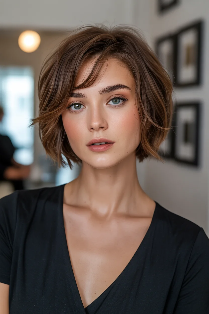 layered summer haircuts for fuller faces 2026 Choppy French-Inspired Bob with Lifted Crown