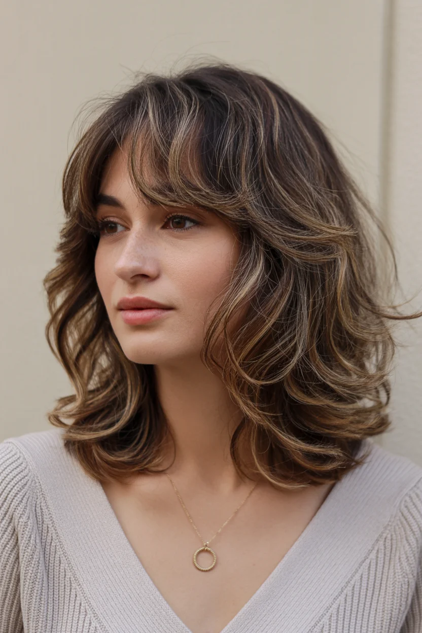 layered summer haircuts for fuller faces 2026 Voluminous Layered Midi with Curtain Bangs