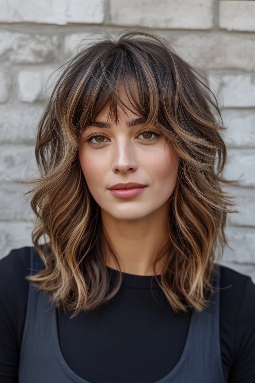 layered summer haircuts for fuller faces 2026 Shaggy Mid-Length Layers with Wispy Bangs