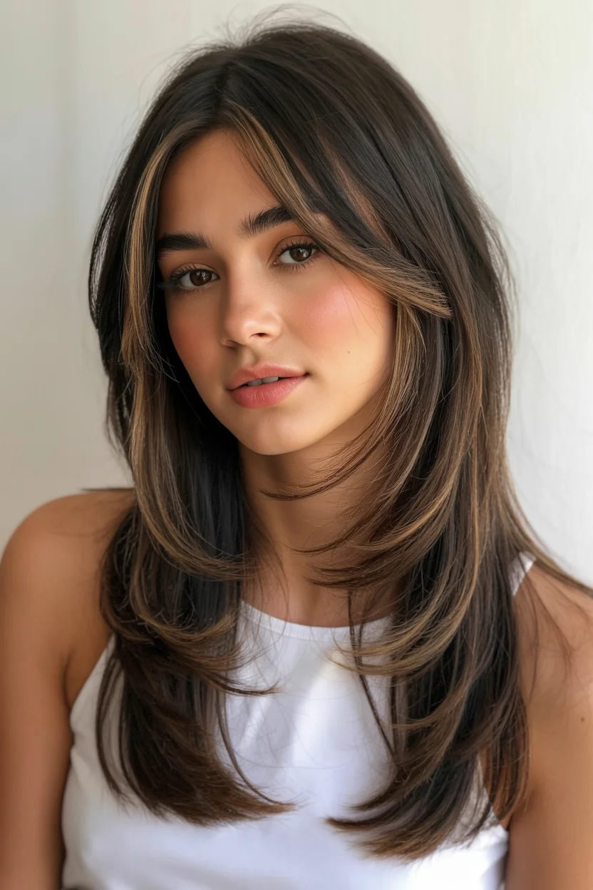 layered summer haircuts for thin fine hair 2026 Feathered Mid-Length Layers with Dimensional Brunette