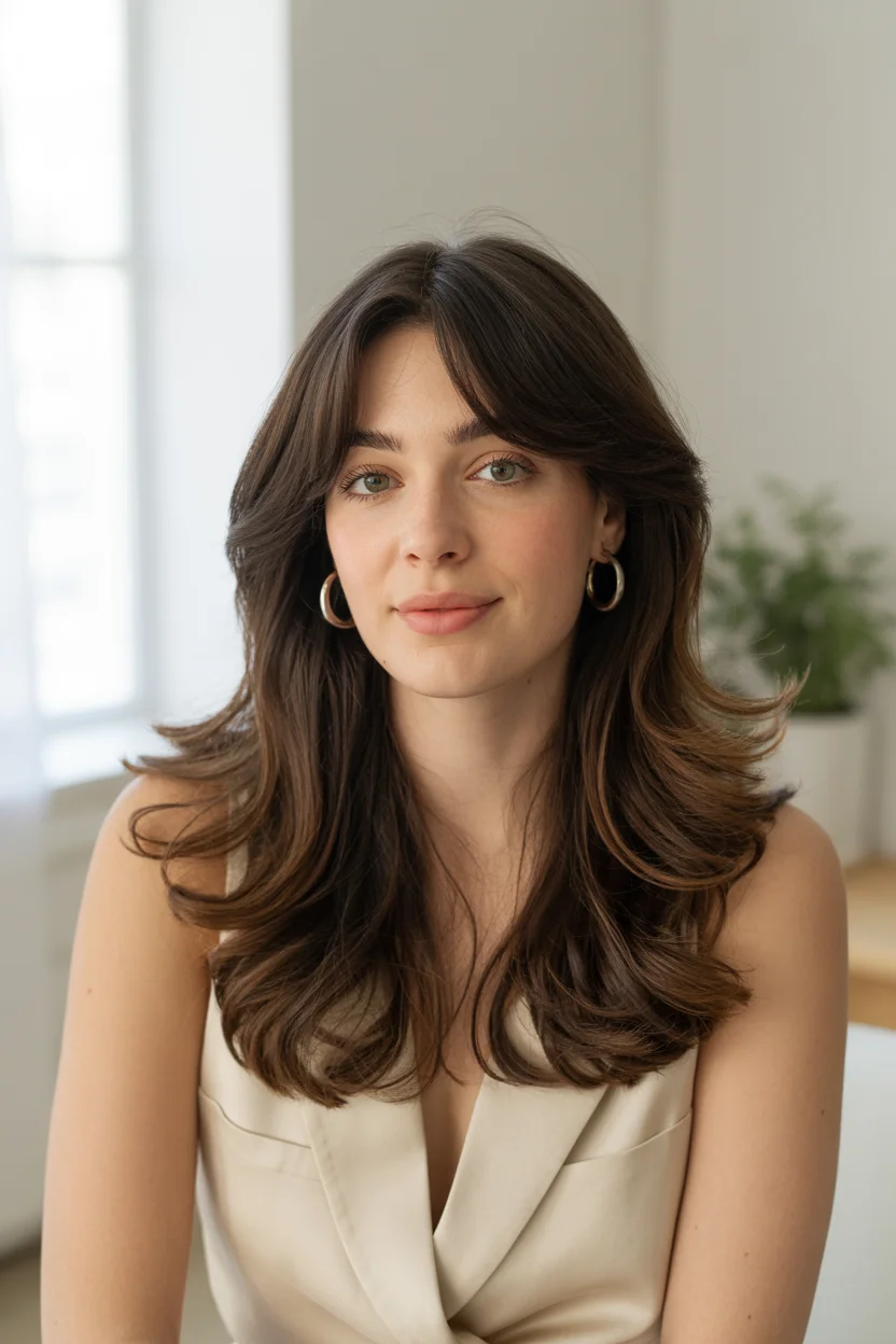 layered summer haircuts for thin fine hair 2026 Long Layered Flow with Curtain Bang Softness