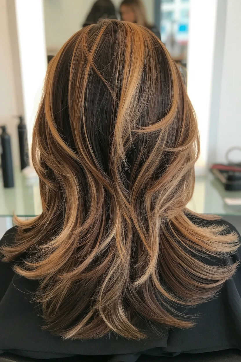 layered summer haircuts for thin fine hair 2026 Layered Flow with Caramel Ribbons and Lifted Ends