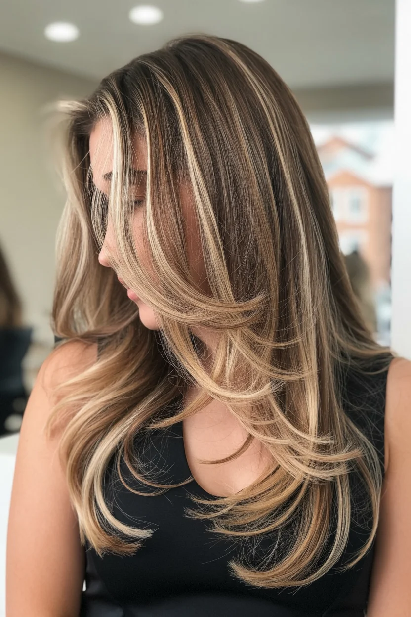 layered summer haircuts for thin fine hair 2026 Soft Layered Length with Blonde Contour Highlights