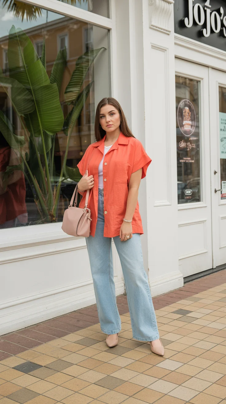 midsize outfits for women summer 2026 Pop of Color Shirt That Carries the Whole Look