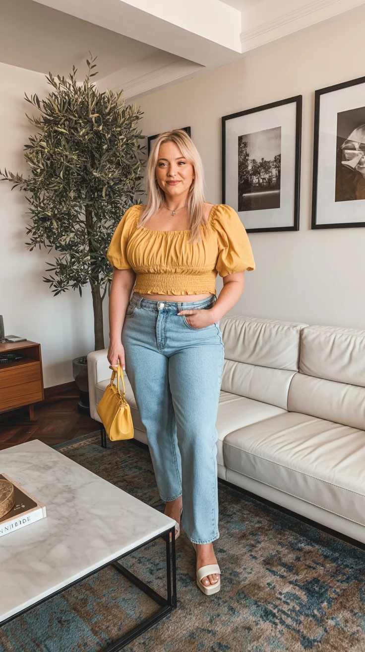 midsize outfits for women summer 2026 Playful Volume Top with Everyday Denim