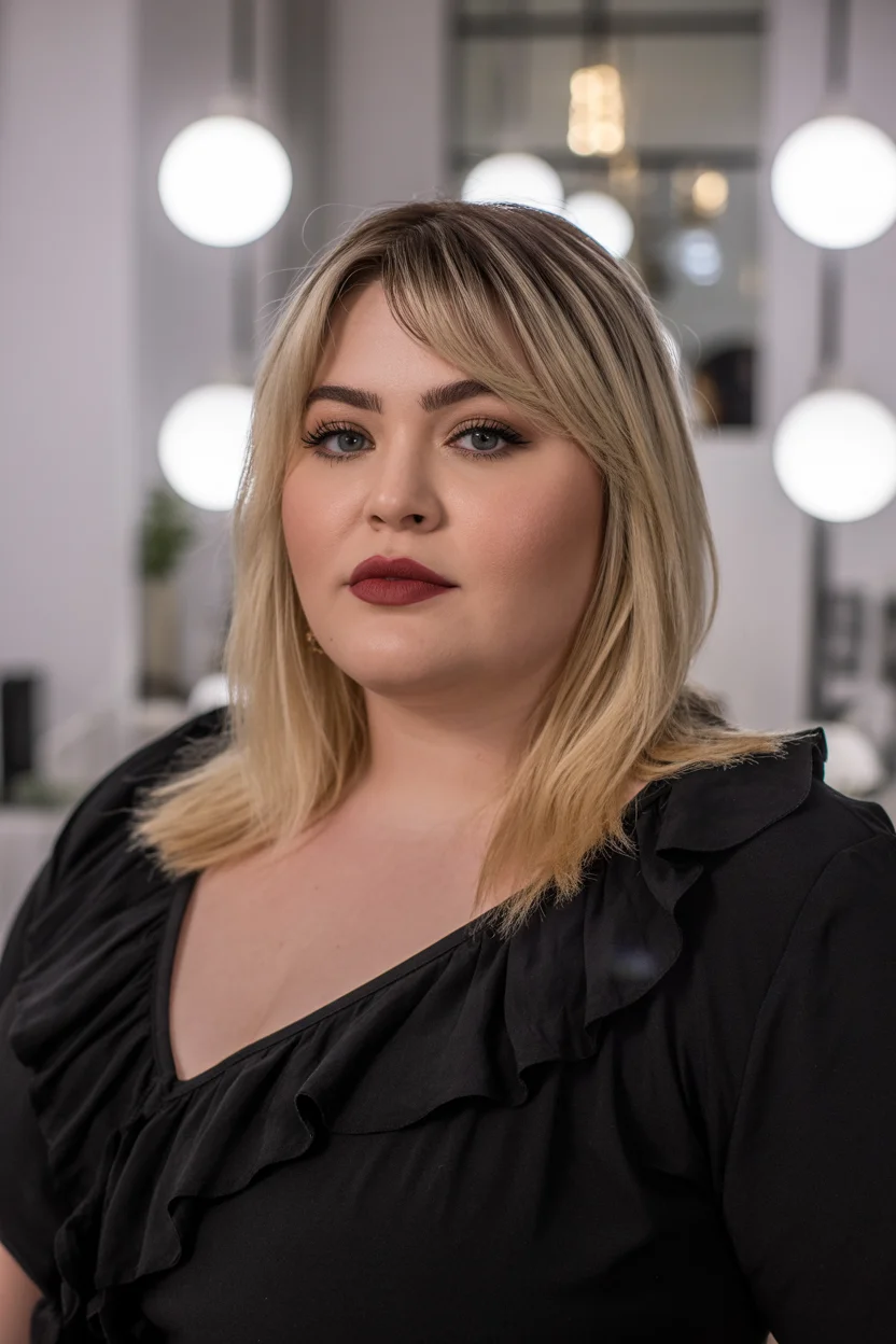 slimming summer haircuts for plus size women 2026 Soft Layered Blonde Lob with Curtain Bangs