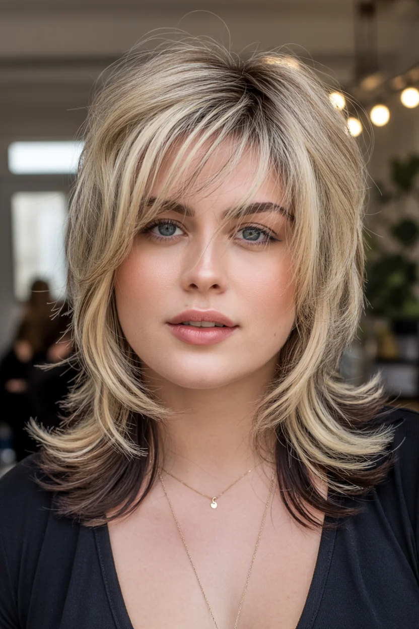 slimming summer haircuts for plus size women 2026 Layered Blonde Shag with Wispy Texture