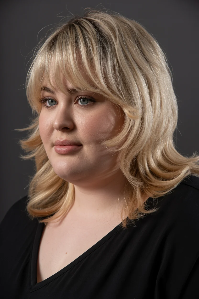 slimming summer haircuts for plus size women 2026 Layered Blonde Mid-Length with Curtain Fringe