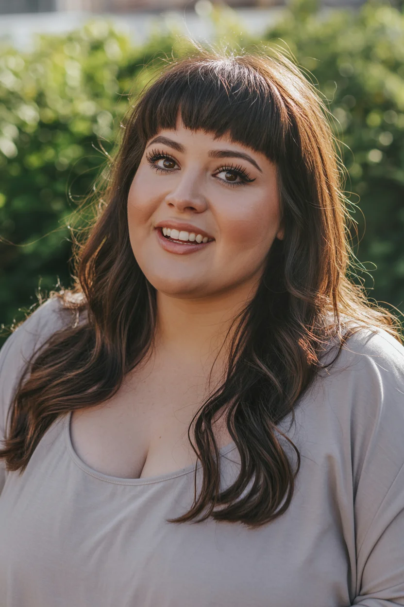 slimming summer haircuts for plus size women 2026 Long Brunette Waves with Soft Bangs