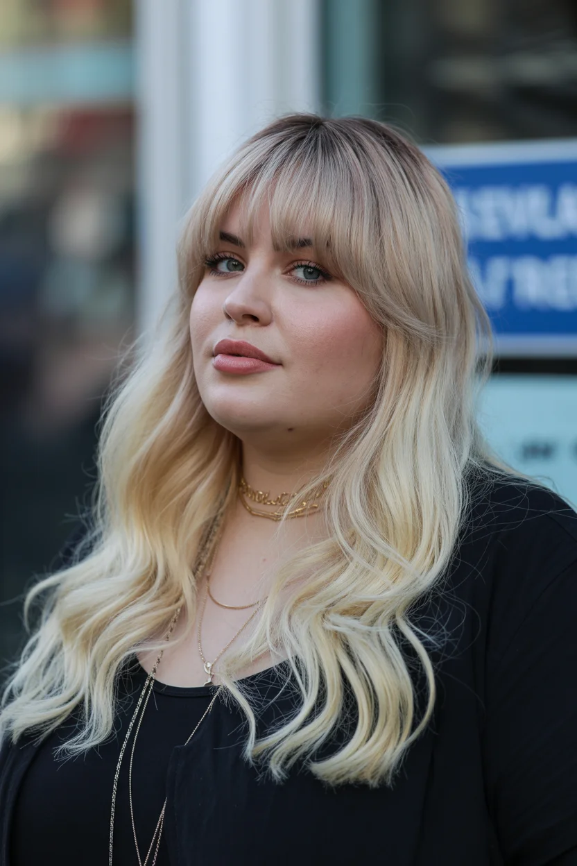 slimming summer haircuts for plus size women 2026 Soft Platinum Layers with Full Fringe