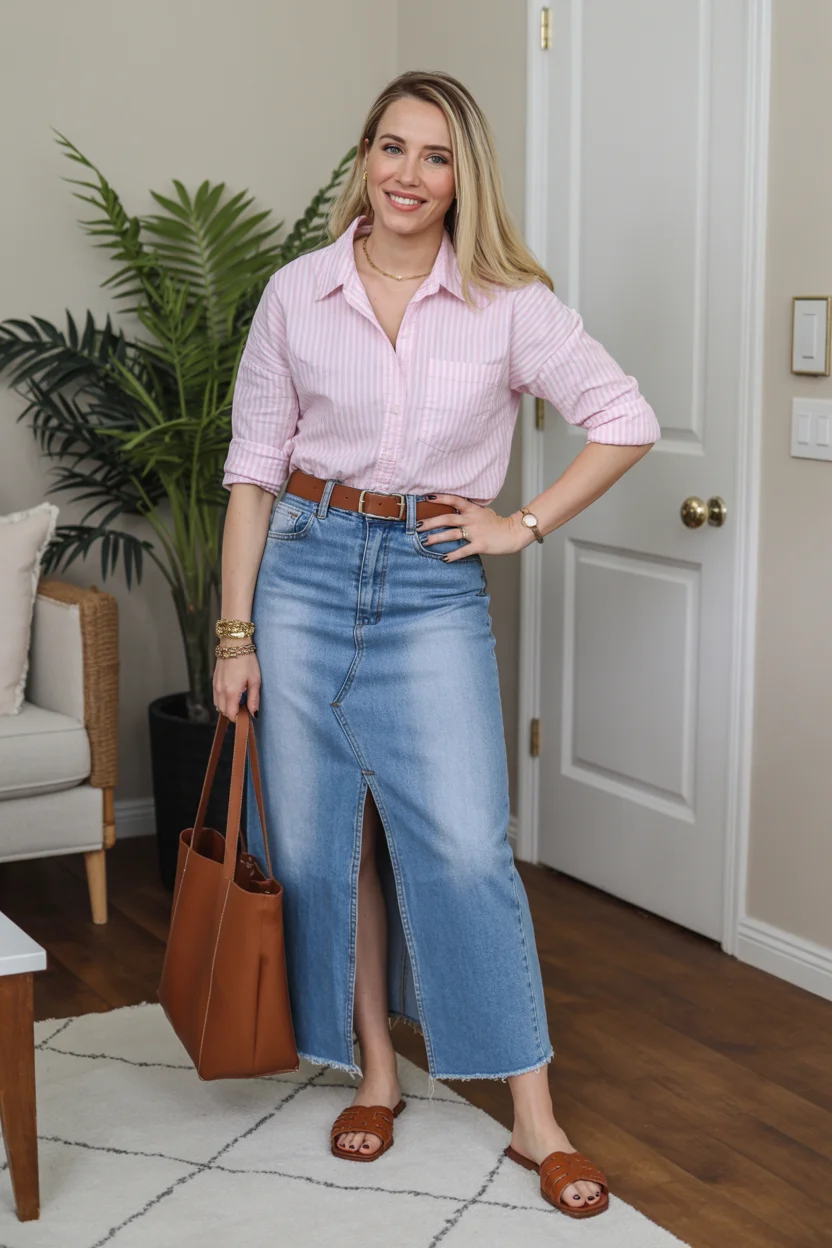 stylish mom outfits summer 2026 Denim Skirt and Button Down Balance