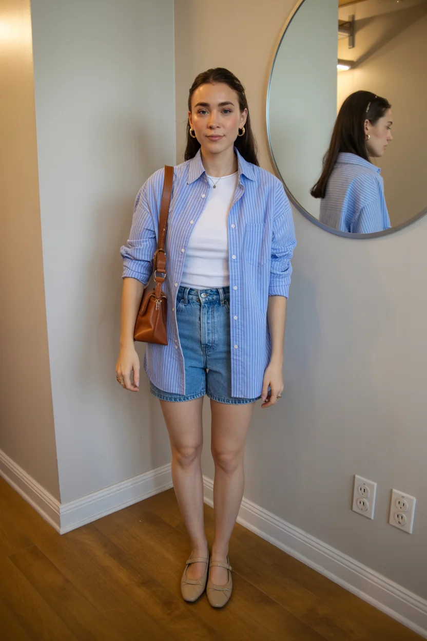 stylish mom outfits summer 2026 Layered Shirt and Shorts for That In Between Moment