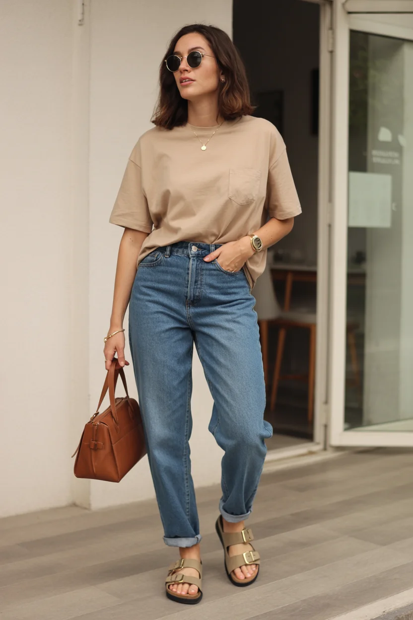 stylish mom outfits summer 2026 Relaxed Denim and Neutrals That Feel Effortless