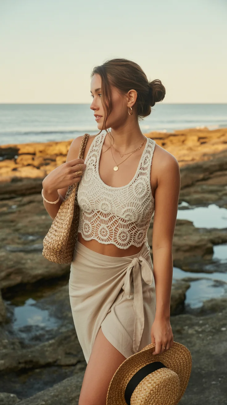 Summer Beach Outfit For Women 2026 Textured Crochet and Wrap Details for Effortless Femininity