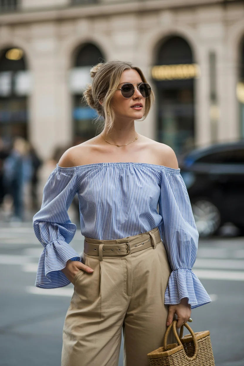 summer blouses for women 2026 Effortless City Chic with a Bare-Shoulder Twist