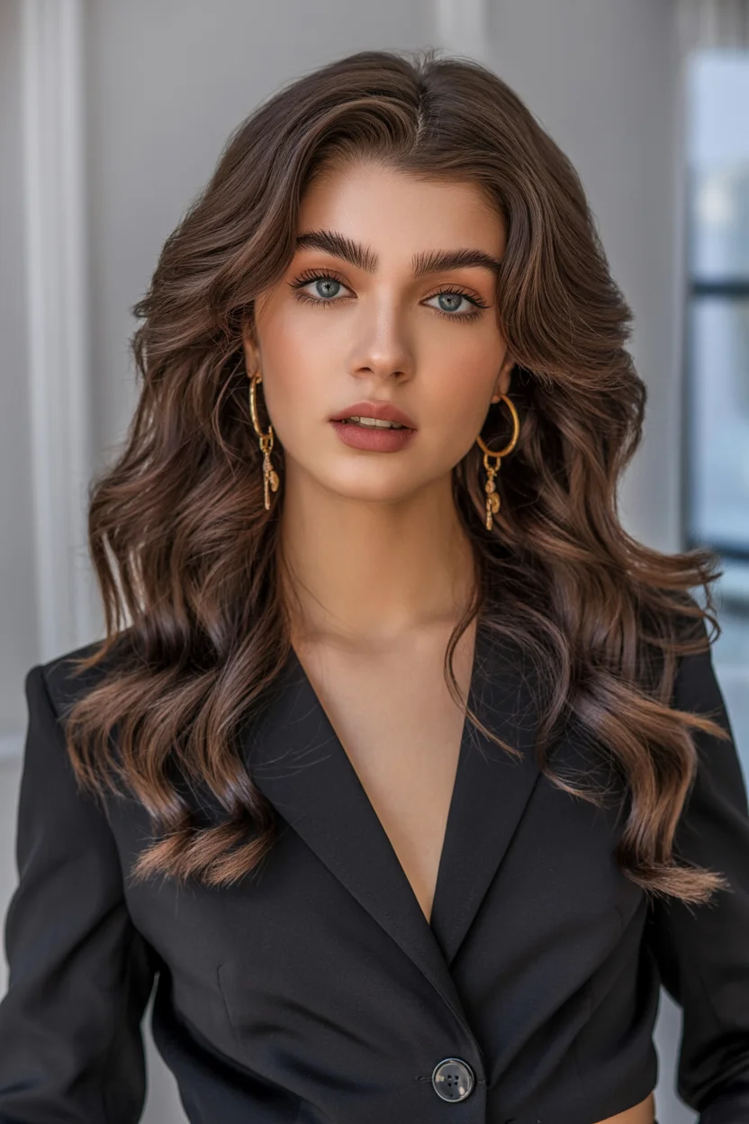 summer brunette hair color for women 2026 Polished Cocoa Brunette with Sculpted Volume