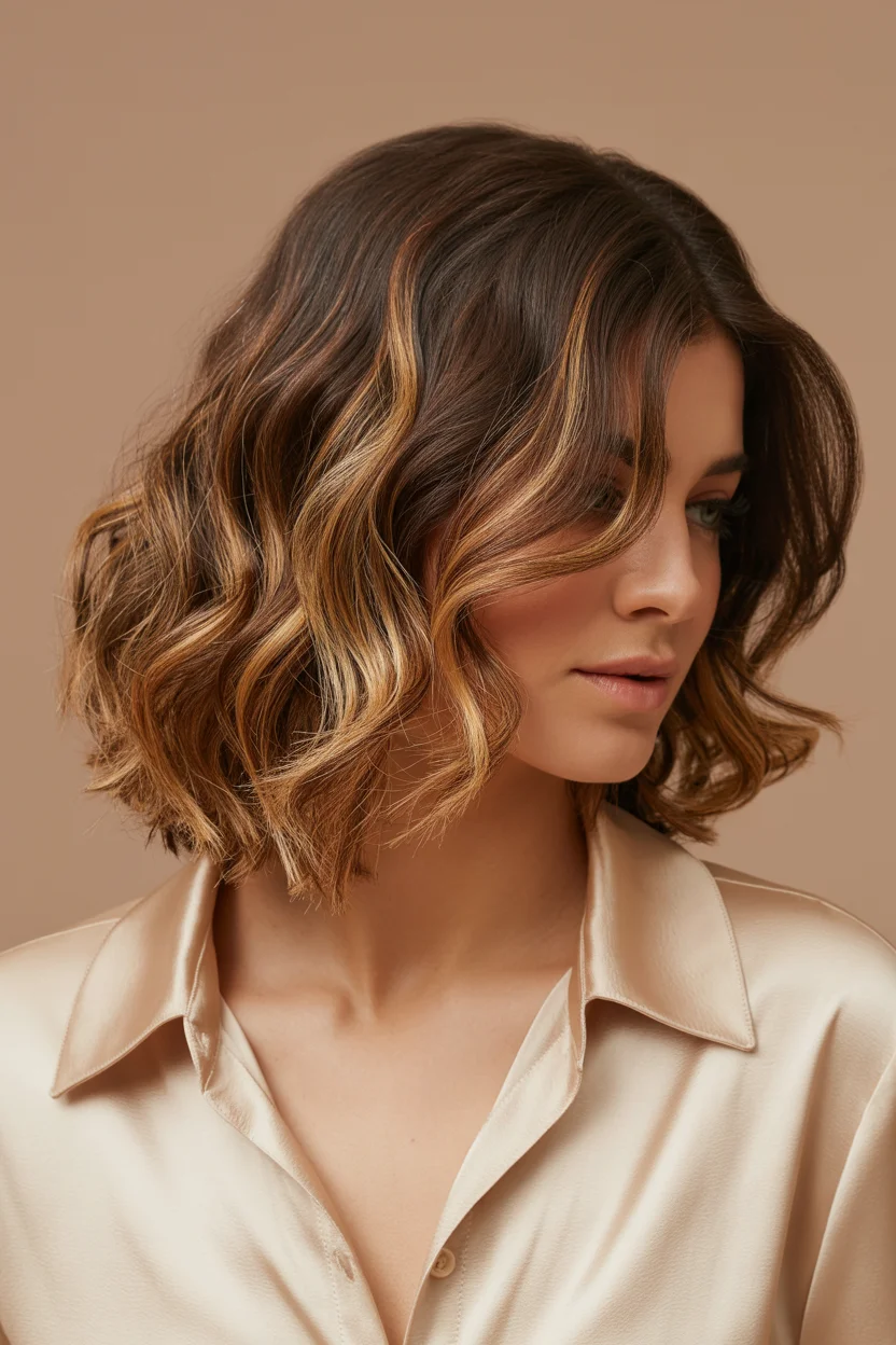 summer brunette hair color for women 2026 Layered Brunette Bob with Golden Dimension