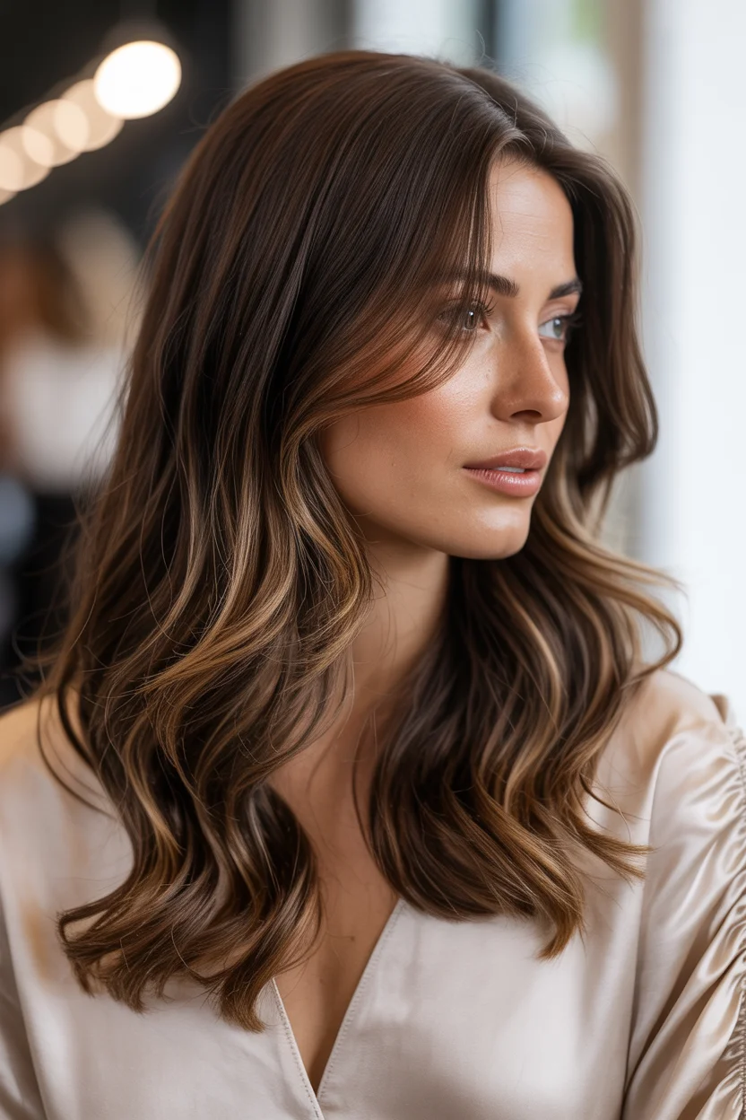 summer brunette hair color for women 2026 Soft Espresso Brunette with Creamy Face-Framing Glow