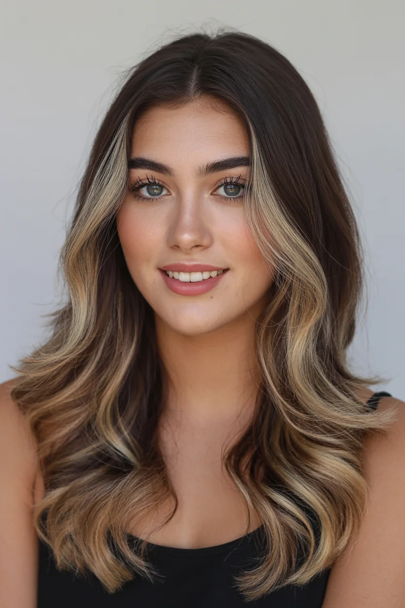 summer brunette hair color for women 2026 Soft Beige Money Piece on a Deep Brunette Base