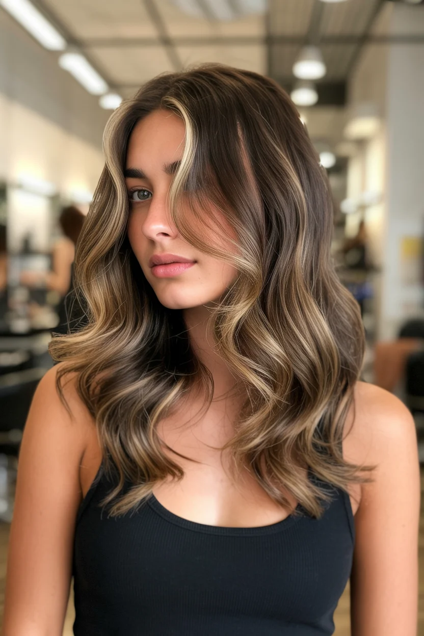 summer brunette hair color for women 2026 Dimensional Brunette Waves with Smoky Blonde Accents
