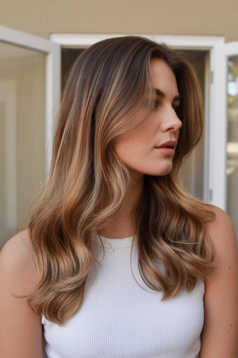 summer brunette hair color for women 2026 Golden Beige Brunette with Sun-Kissed Lengths