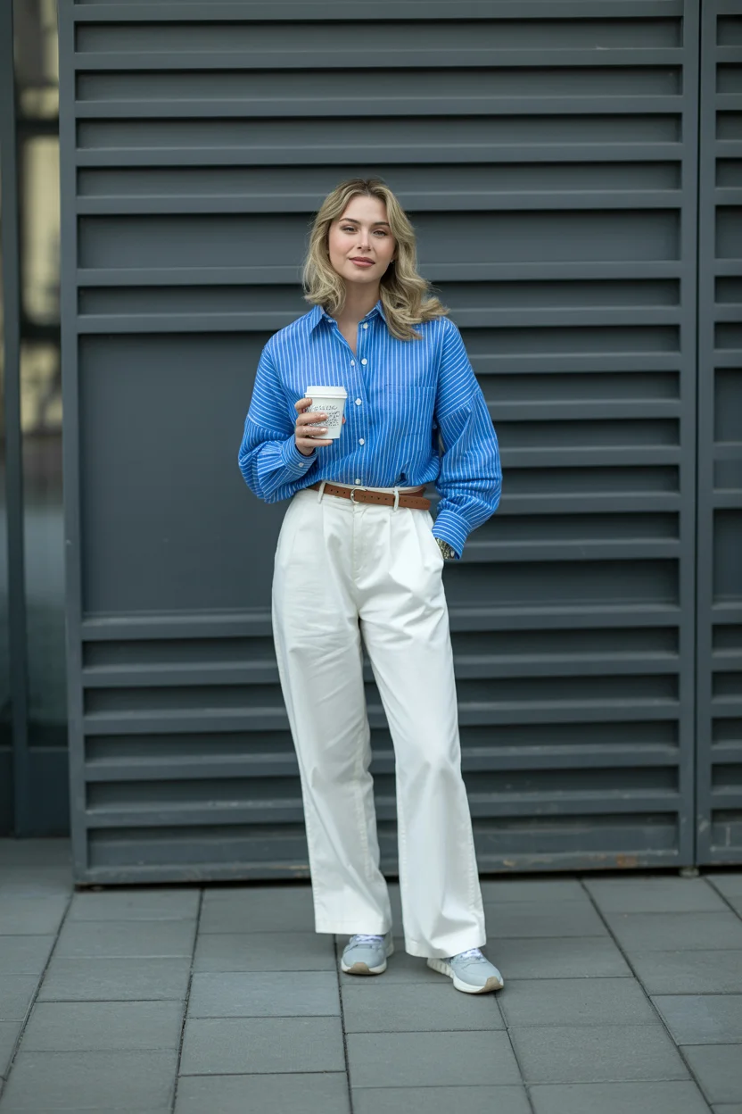 summer business casual outfit for women 2026 Effortless Structure with a Blue Shirt and White Trousers