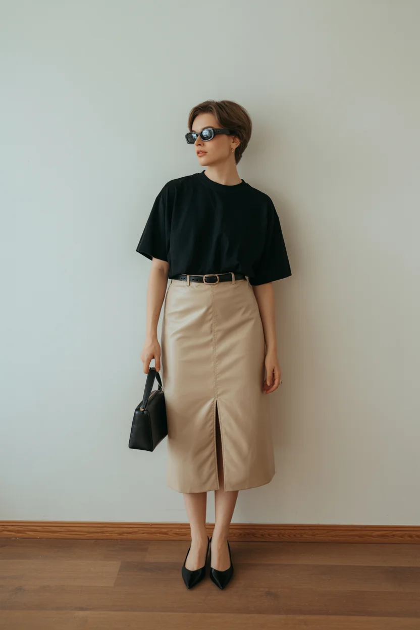 summer business casual outfit for women 2026 Minimal Contrast with a Black Tee and Midi Skirt