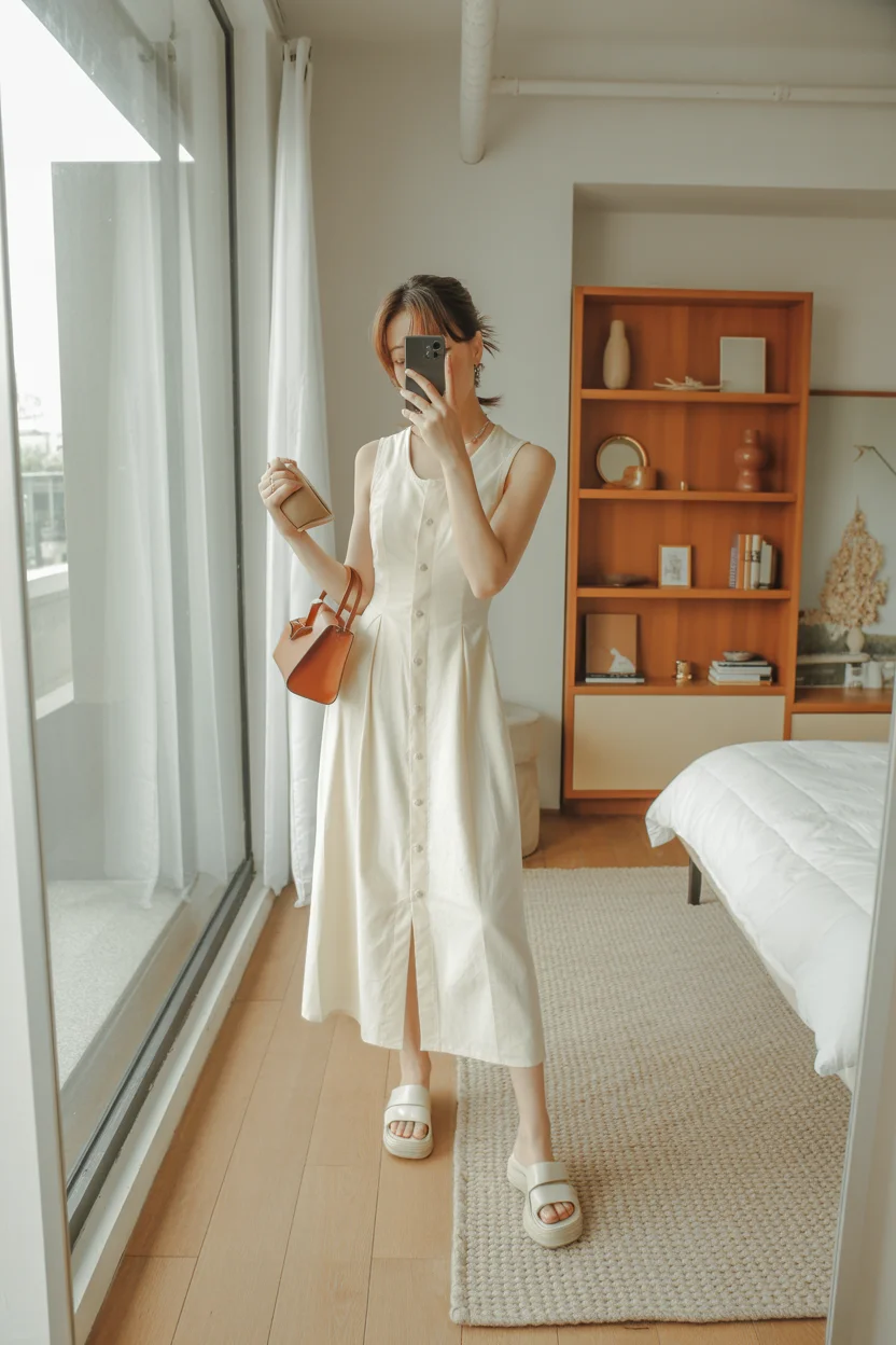 summer business casual outfit for women 2026 Soft Utility with a Sleeveless Shirt Dress